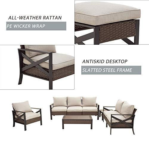 Festival Depot 8 Pcs Patio Outdoor Furniture Conversation Set Sectional Sofa with All-Weather Brown PE Rattan Wicker Back Chair, Coffee Side Table and Soft Thick Removable Couch Cushions