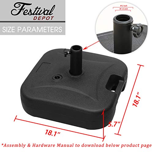 Festival Depot Umbrella Base Outdoor Patio Base 43 LB Weight Water Filled Stand Square Plastic Holder Matching Table Market Umbrella Suit Dia 1.57" for Outside Deck Garden Lawn, Black