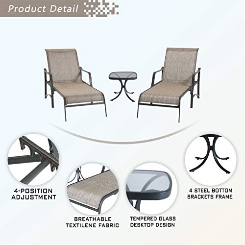 Festival Depot 3 Pcs Patio Outdoor Furniture Chaise Lounge Chair Set with Textilene Fabric and Metal Adjustable Back Curved Armrest, Glass Desktop Side Coffee Table for Porch Yard Garden