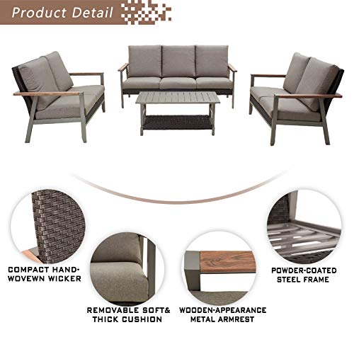 Festival Depot 4 Pcs Patio Conversation Set Wicker Chairs Loveseats with Thick Cushions and Coffee Table in Metal Frame Outdoor Furniture for Deck Garden