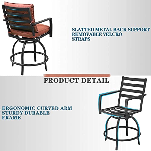 Festival Depot 3 Pcs Outdoor Furniture Bar Stools Set of 2 Swivel Chairs with Cushions and 1 High Bistro Tables with Tempered Glass Tabletop in Metal Frame (Red)