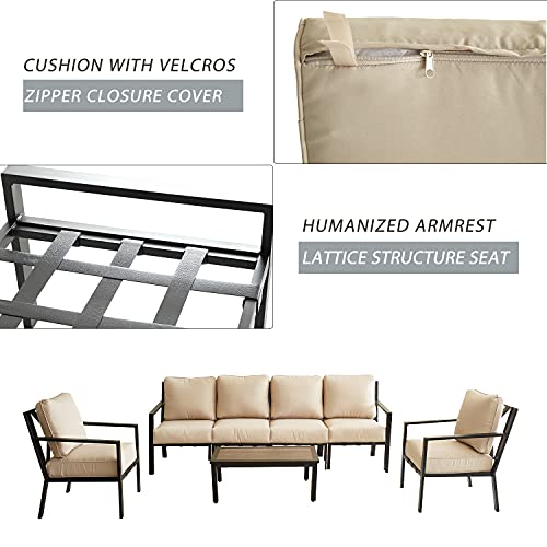 Festival Depot 7 Pieces Patio Furniture Set All-Weather Polyester Fabrics Metal Frame Sofa Outdoor Conversation Sectional Set Armrest Chair with Cushion & Coffee Table for Deck Poolside Balcony(Beige)
