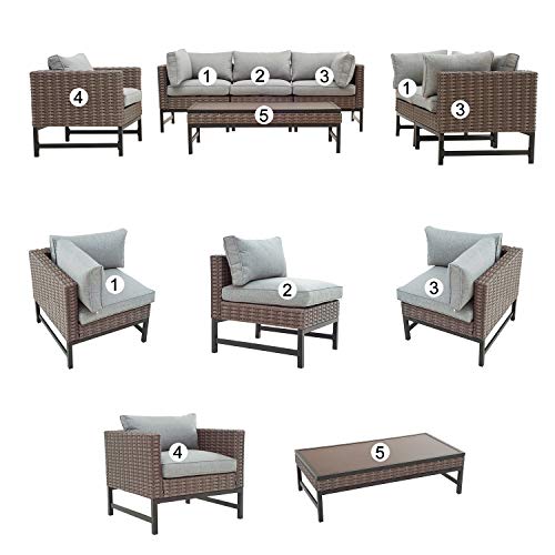Festival Depot Patio 7 Pieces Outdoor Furniture Conversation Sets Sectional Corner Sofa, All-Weather Brown Manual Weaving Wicker Chairs with Side Coffee Table, Soft Back Seating Couch Cushions (Grey)