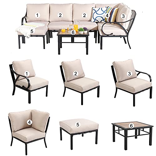 Festival Depot 7 Pcs Patio Conversation Set Sectional Corner Chair Ottoman with Thick Cushions and Side Table All Weather Metal Outdoor Furniture for Deck Poolside, Beige