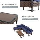 Festival Depot 7 Pieces Patio Furniture Set, All-Weather PE Rattan Wicker Metal Frame Sofa Outdoor Conversation Set Sectional Couch Corner Chair with Cushion Ottoman and Coffee Table for Deck (Blue)