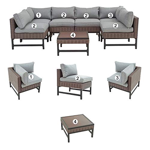 Festival Depot 7 Pieces Patio Outdoor Furniture Conversation Sets Sectional Corner Sofa, Weaving Wicker Chairs with Side Coffee Table and Cushions (Grey)