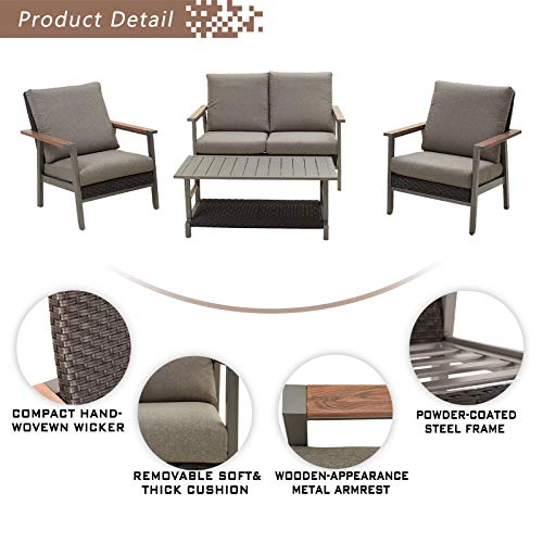 Festival Depot 4 Pieces Patio Outdoor Conversation Chairs Loveseat Set with Coffee Rectangle Table Metal Frame Furniture Garden Bistro Seating Thick Soft Cushions