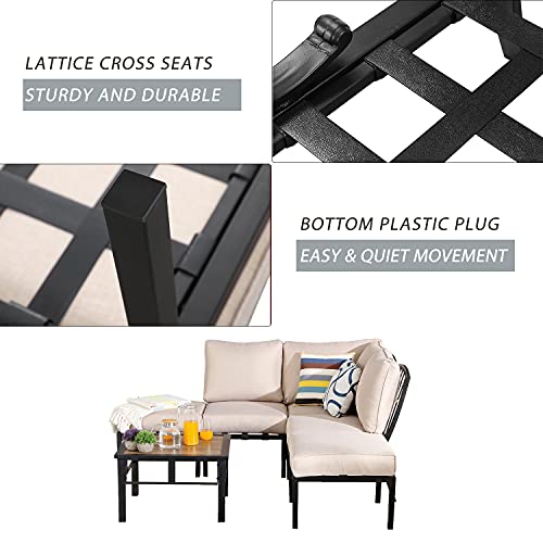 Festival Depot 6 Pieces Patio Conversation Set Sectional Metal Corner Chair Ottoman with Side Table and Thick Cushions All Weather Outdoor Furniture for Deck Garden, Beige