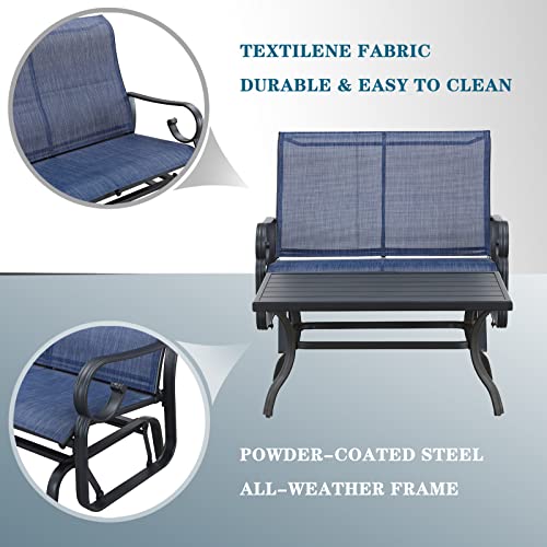 Festival Depot 2pcs Outdoor Furniture Patio Conversation Set Metal Coffee Table Loveseat Armchairs Glider with Textilene Fabric Without Pillows for Lawn Beach Backyard Pool, Blue
