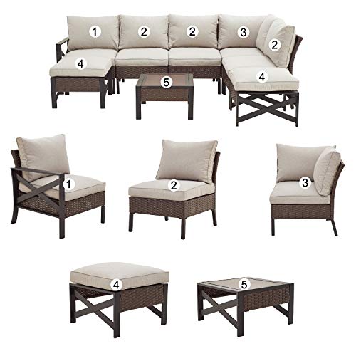 Festival Depot 8 Pcs Patio Outdoor Furniture Conversation Set Sectional Corner Sofa with All-Weather Brown PE Rattan Wicker Back Chair, Ottoman, Coffee Table and Thick Removable Couch Cushions