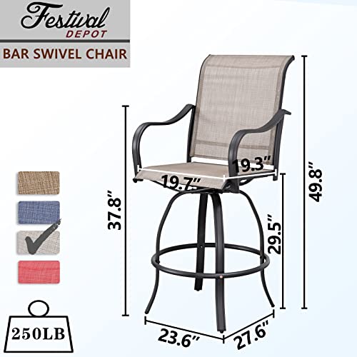 Festival Depot 9 Pcs Patio Dining Set Bar Height Stools Swivel Bistro Chairs with Armrest and Tempered Glass Top Table Metal Outdoor Furniture for Yard (Taupe)