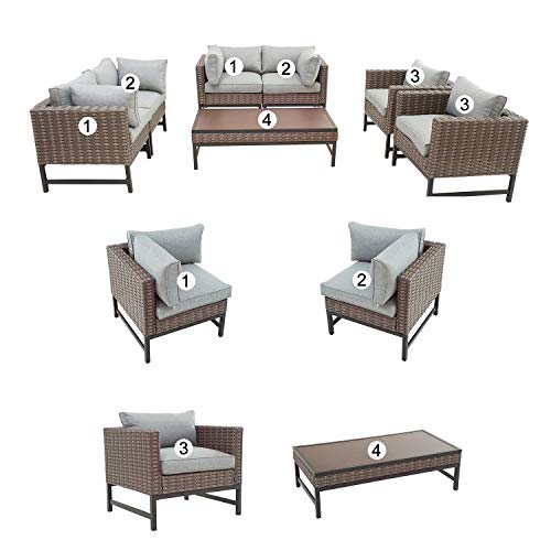 Festival Depot Patio 7 Pieces Outdoor Conversation Sets Furniture Sectional Corner Sofa, All-Weather Brown Manual Weaving Wicker Chairs with Side Coffee Table, Soft Back Seating Couch Cushions (Grey)