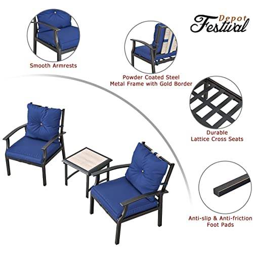 Festival Depot 3-Piece Patio Bistro Set Conversation Set Armchair Set with Side Coffee Table Outdoor Furniture with Hand-Woven Textilene Rope Backrest (Black Metal Frame with Blue Cushion)