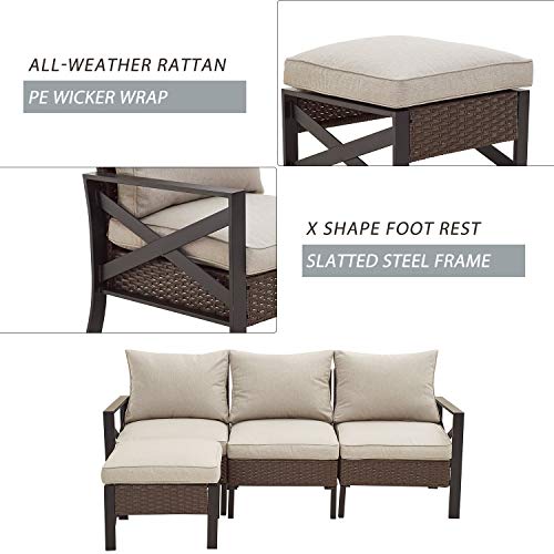 Festival Depot 4-Piece Patio Conversation Set Combinations Armchair Outdoor All-Weather Wicker Metal Chairs for Porch Lawn Garden Balcony Pool Backyard, Thick Cushions