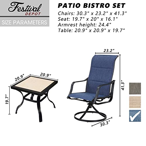 Festival Depot 3 PC Bistro Outdoor Patio Dining 360¡Swivel Chairs Set Furniture Rockers Armrest Chair Square Metal Steel Frame Coffee Table for Deck Garden Pool
