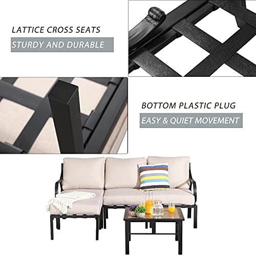 Festival Depot 5 Pieces Patio Conversation Set Sectional Chair Ottoman with Thick Cushions and Side Coffee Table All Weather Metal Outdoor Furniture for Deck Garden, Beige