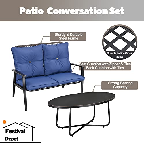 Festival Depot 2 Pcs Patio Bistro Set PE Wicker Conversation Set, Outdoor Furniture Loveseat Armchair with Cushions Metal Coffee Table for Backyard Porch Balcony Outside Poolside Lawn (Blue)
