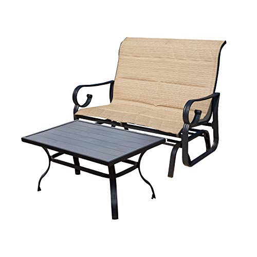 Festival Depot 2pcs Outdoor Furniture Patio Conversation Set Metal Coffee Table Loveseat Armchairs Glider with Textilene Fabric Without Pillows for Lawn Beach Backyard Pool, Beige