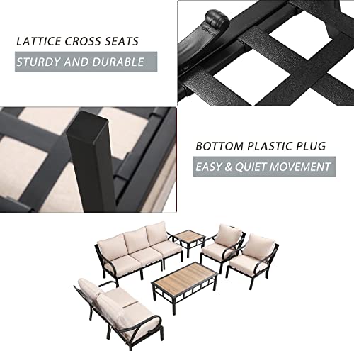 Festival Depot 9 Pieces Patio Conversation Set Sectional Sofa Armchair with Thick Cushions and Side Coffee Table All Weather Metal Outdoor Furniture for Deck Garden, Beige