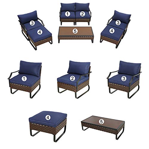 Festival Depot 7 Pieces Patio Conversation Sets Outdoor Furniture Sectional Sofa with All-Weather PE Rattan Wicker Back Chair, Coffee Table and Thick Soft Removable Couch Cushions(Blue)