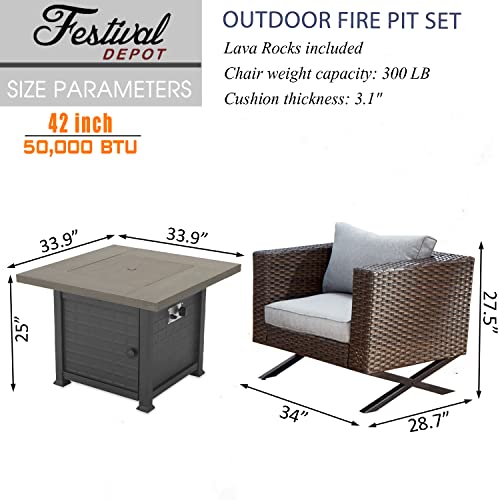Sports Festival Fire Pit Table Set of Propane Fire Table and 4 Wicker Chairs with Thick Cushions for Patio Rattan Outdoor Furniture, CSA Certification