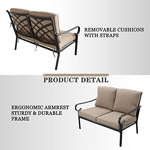 Festival Depot 2 Pieces Outdoor Furniture Patio Conversation Set Bistro Loveseat with Seat and Back Thick Cushions and Metal Coffee Table with Slatted Steel Tabletop for Backyard Porch Balcony
