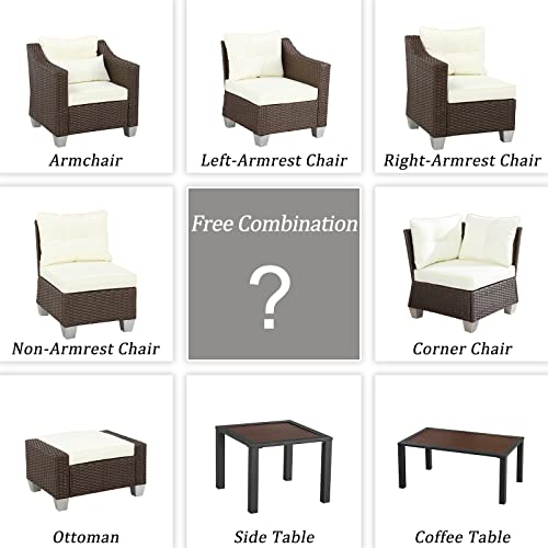 Festival Depot 9 Pcs Patio Conversation Set Outdoor Furniture Combination Sectional Sofa All-Weather PE Wicker Metal Armchairs with Seating Back Cushions Side Coffee Table (Beige)