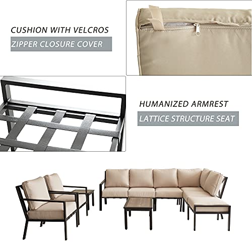 Festival Depot 10-Pieces Patio Outdoor Furniture Conversation Sets Sectional Corner Sofa, All-Weather Black X Slatted Back Armchairs with Coffee Table and Thick Removable Couch Cushions (Beige)