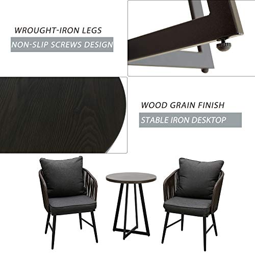 Festival Depot 3 Pieces Patio Furniture Outdoor Bistro Set Iron Desktop Wood Grain Circle Coffee Side Table Slatted Steel Frame