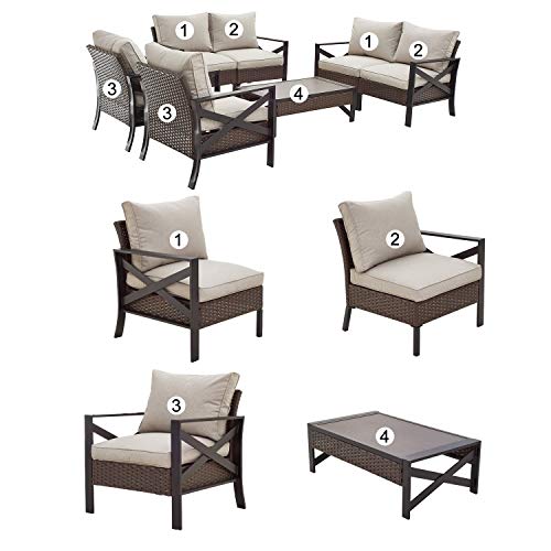 Festival Depot 7 Pcs Patio Outdoor Furniture Loveseat Conversation Set Sectional Sofa with All-Weather Brown Wicker Back Armchair, Coffee Table, Ottoman and Soft Thick Removable Couch Cushions