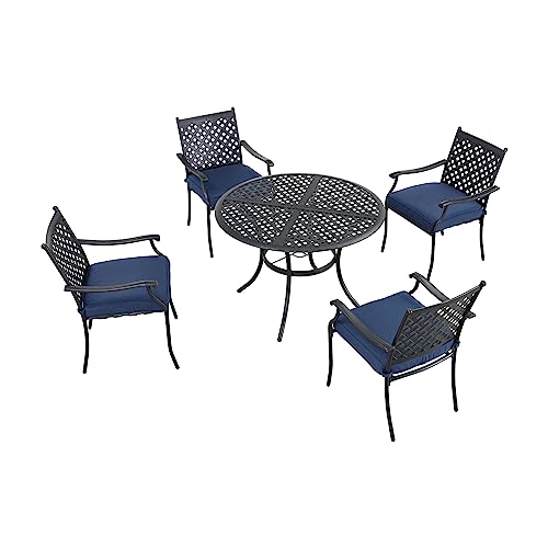 Festival Depot 5 Piece Patio Dining Set Metal Chairs with Seat Cushions and Round Iron Table with Umbrella Hole All Weather Outdoor Furniture for Bistro Deck Garden