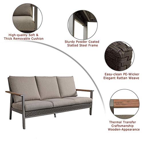 Festival Depot 3 Seats Patio Chair Rattan Wicker Bench in Metal Frame Sofa with Removable Cushions Outdoor Furniture for Lawn Garden Backyard, Dark Grey