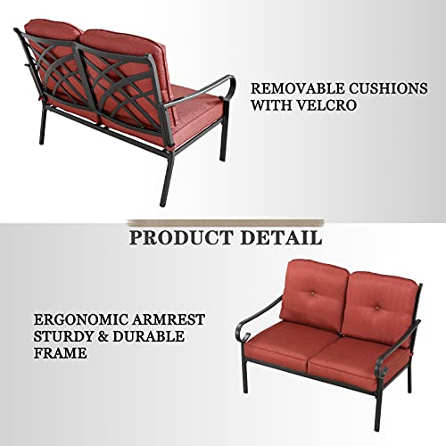Festival Depot 2 Pieces Outdoor Furniture Patio Conversation Set Bistro Loveseat with Seat and Back Thick Cushions and Metal Coffee Table with Slatted Steel Tabletop for Backyard Porch Balcony