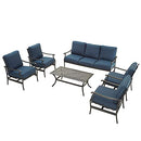 Festival Depot 6Pcs Outdoor Furniture Patio Conversation Set All Weather Black Metal Armchairs with Seat and Back Cushions, Rectangle Coffee Table for Deck Lawn Garden, Beige