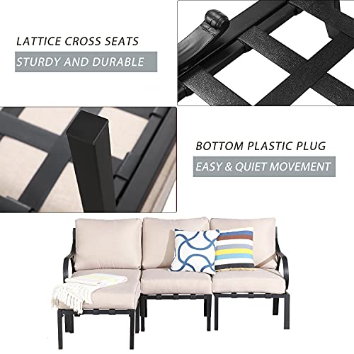 Festival Depot 4 Pieces Patio Conversation Set Sectional Chair Ottoman with Thick Cushions All Weather Metal Outdoor Furniture for Deck Balcony, Beige