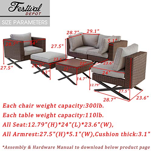 Festival Depot 6-Piece Bistro Outdoor Patio Furniture Conversation Set Wicker Rattan Corner ArmChairs Ottoman with 3.1" Cushion Square Wood Grain Top Side Coffee Table with X Shaped Slatted Steel Legs