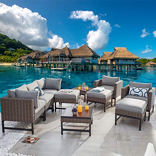 Festival Depot 10 Pieces Outdoor Furniture Patio Conversation Set Combination Sectional Sofa Loveseat All-Weather Wicker Metal Chairs with Seating Back Cushions Side Coffee Table,Gray