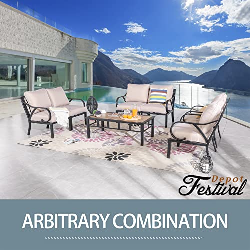 Festival Depot 7 Pieces Patio Conversation Set Sectional Sofa Armchair with Thick Cushions and Coffee Table All Weather Metal Outdoor Furniture for Deck Garden, Beige