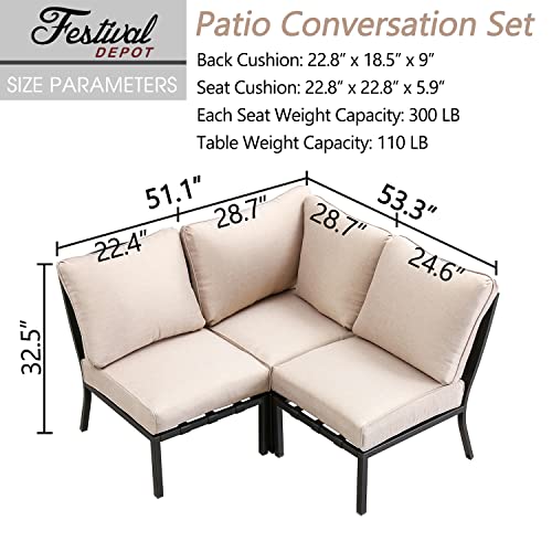 Festival Depot 3 Pieces Patio Conversation Set Sectional Corner Chair with Thick Cushions All Weather Metal Outdoor Furniture for Deck Porch Garden, Beige
