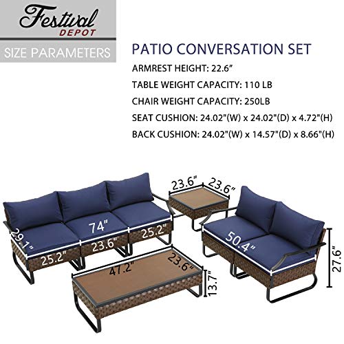 Festival Depot 7 Pieces Patio Conversation Sets Outdoor Furniture Loveseats Sectional Sofa with All-Weather PE Rattan Wicker Back Chair, Coffee Side Table and Soft Removable Couch Cushions(Blue)