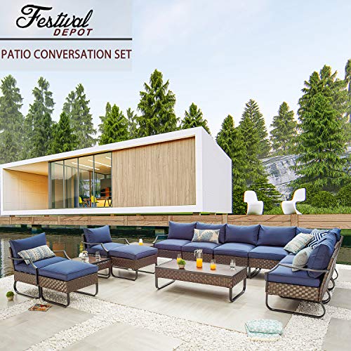 Festival Depot 14 Pcs Patio Conversation Sets Outdoor Furniture Sectional Corner Sofa with All-Weather PE Rattan Wicker Chair Coffee Table and Thick Soft Removable Couch Cushions (Blue)