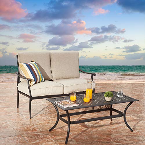 Festival Depot 2Pcs Patio Loveseat Set with Thick Cushions and Coffee Table Outdoor Metal Frame Seating Bench for Garden Bistro, Beige