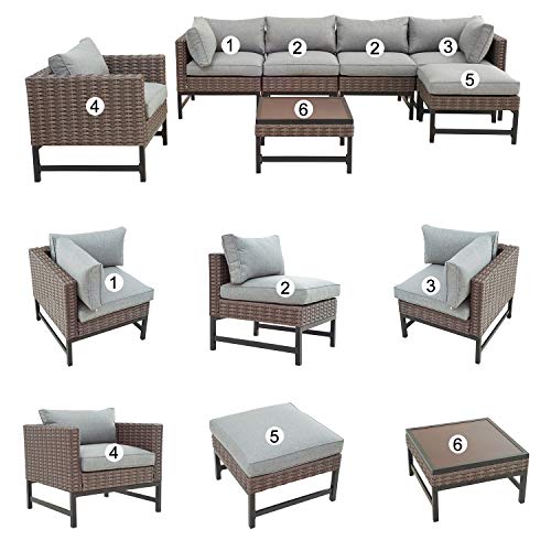 Festival Depot 7 Pieces Patio Outdoor Furniture Conversation Sets Sectional Corner Sofa, Wicker Chairs with Ottoman, Coffee Table and Seating Thick Soft Cushion(Grey)