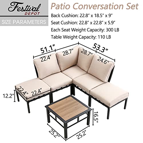 Festival Depot 6 Pieces Patio Conversation Set Sectional Metal Corner Chair Ottoman with Side Table and Thick Cushions All Weather Outdoor Furniture for Deck Garden, Beige