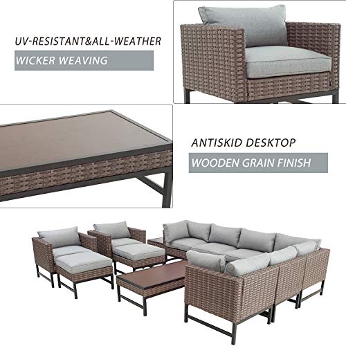 Festival Depot 12 Pieces Patio Conversation Set Outdoor Furniture Combination Sectional Sofa All-Weather Wicker Metal Chairs with Seating Back Cushions Side Coffee Table Ottoman, Gray