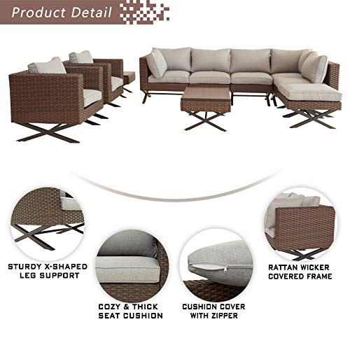 Festival Depot 10Pc Outdoor Furniture Patio Conversation Set Sectional Corner Sofa Chairs with X Shaped Metal Leg All Weather Brown Rattan Wicker Ottoman Side Coffee Table with Grey Seat Back Cushions