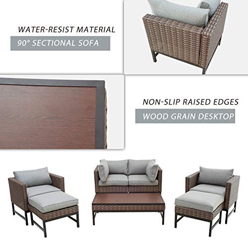 Festival Depot 7 Pcs Patio Outdoor Conversation Wicker Chairs Cushions Ottomans Set with Coffee Square Table Metal Frame Furniture Garden Bistro Seating Thick Soft Cushion (Gray)