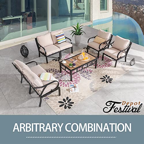 Festival Depot 7 Pieces Patio Conversation Set Sectional Sofa Armchair with Thick Cushions and Coffee Table All Weather Metal Outdoor Furniture for Deck Garden, Beige