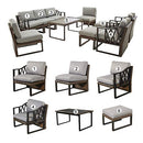 Festival Depot 10pcs Outdoor Furniture Patio Conversation Set Sectional Sofa Chairs All Weather Brown Wicker Ottoman Slatted Coffee Table with Thick Grey Seat Back Cushions, Black
