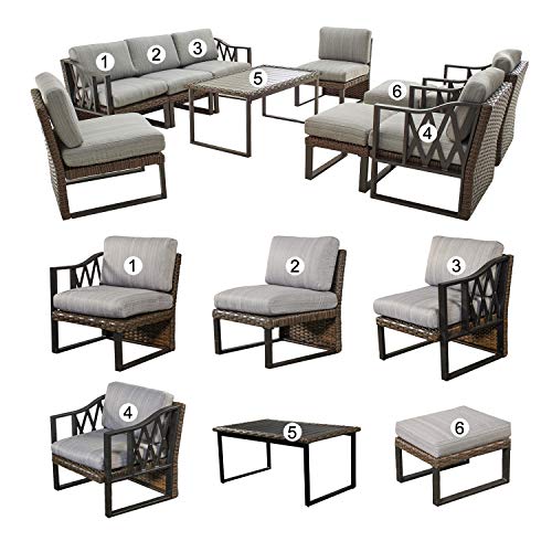 Festival Depot 10pcs Outdoor Furniture Patio Conversation Set Sectional Sofa Chairs All Weather Brown Wicker Ottoman Slatted Coffee Table with Thick Grey Seat Back Cushions, Black